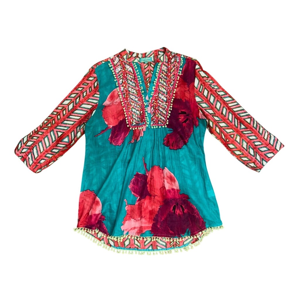 Antica Sartoria Giacomo Cinque Boho Floral Sequin Pom Tunic top XL  western‎